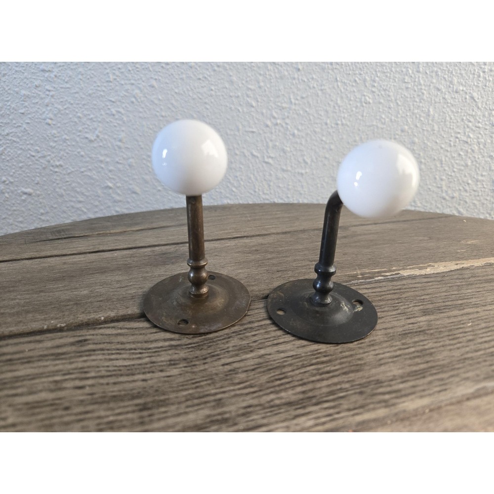 2 Vintage Brass & Porcelain Ball Wall Hanger Hook Coat Towel Rack Farmhouse - Picture 2 of 10